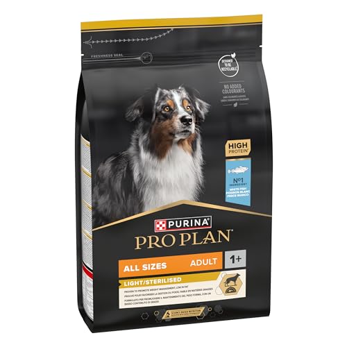 Purina Pro Plan Light Sterilized Hundefutter für Erwachsene sterilisiert leicht Gewichtskontrolle mit weißem Fisch 4 Beutel 3 kg