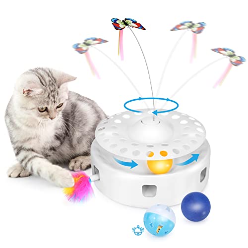 PETTOM interaktives Katzenspielzeug 3 in 1 Ballübungs Katzenspielzeug Feder Kitten Toy elektrisch rotierender Schmetterling Kätzchenspielzeug Katzen Teaser Automatisches Spielzeug für Katzen