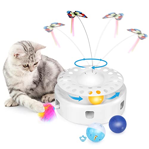 Pettom 3 in 1 Ballübungs Feder Kitten Toy elektrisch rotierender Schmetterling Kätzchenspielzeug Teaser Automatisches Spielzeug für