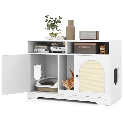 COSTWAY Katzenschrank für Katzentoilette Katzenklo Schrank mit 2 Türen Kratzbrett Eingang 2 Sisalmatten 2 Fächern Katzenhaus für 2 Katzen Katzenmöbel Beistelltisch 108 x 50 5 x 73 5 cm Weiß
