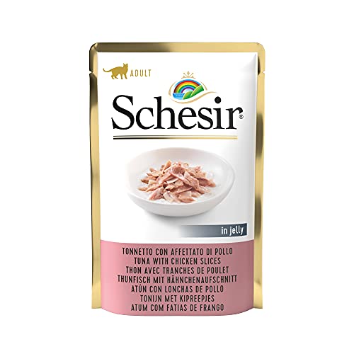 Schesir Nassfutter für Erwachsene Katzen Bacoreta-Geschmack mit Hühnerscheiben hergestellt in Weichgelatine insgesamt 1 7 kg 20 Stück x 85 g