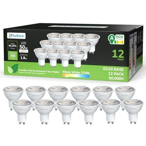 sailsco Energieklasse A LED Warmweiss Lampe 1.9W 345LM 2700K Warmweiß GU 10 Spot Energiesparlampe 50W Glühbirne Ersetzt 36 Grad Abstrahlwinkel G10 Leuchtmittel Birne 12 Stück