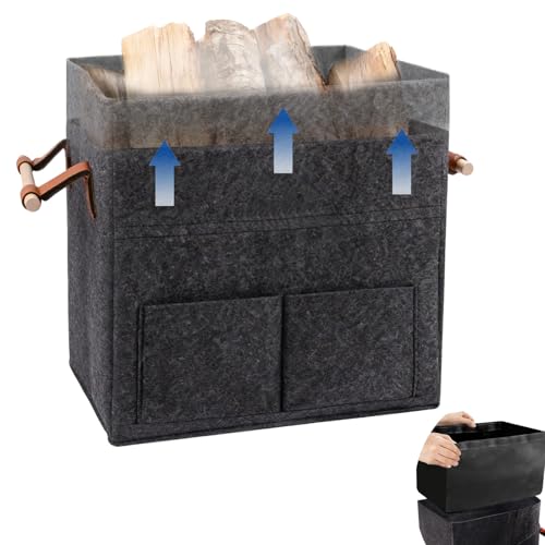 35L Holzkorb für Kaminholz erweiterbar auf 50L WHFGSOM faltbarer Kaminholzkorb für 25cm Kaminholz Brennholzkorb mit Innensack - Feuerholz Aufbewahrung Korb mit rutschfestem Griff Dunkelgrau