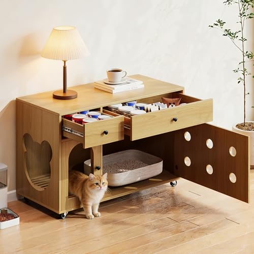 DENMOSTY XXL Katzentoilette Schrank mit Tür Bewegbar Katzenschrank Versteckt ohne Katzenklo Katze Haus Kommode Möbel Katzenkloschrank Katzentoilettenschrank Geruchskontrolle 100x45x66 cm Gelb