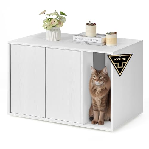 SONGMICS HOME Schrank Toolless Technologie Superschnelle werkzeuglose Montage Katzenschrank für große Katzen Push to Open Türen Katzenhaus minimalistisch schneeweiß PCL013W01