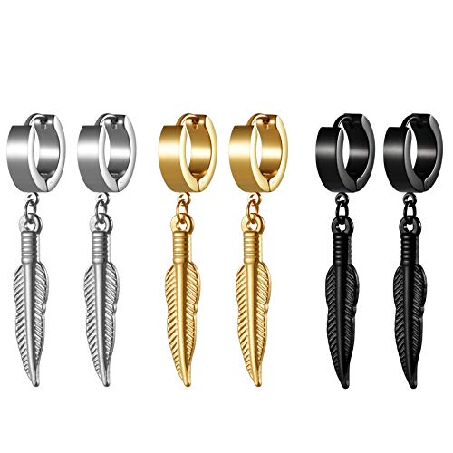 JewelryWe Schmuck 3 Paare Ohrringe Creolen Set Herren mit Feder Blatt Ohrhänger Edelstahl Ohrstecker Ohrpiercing für Damen Frauen Männer Gold Silber Schwarz