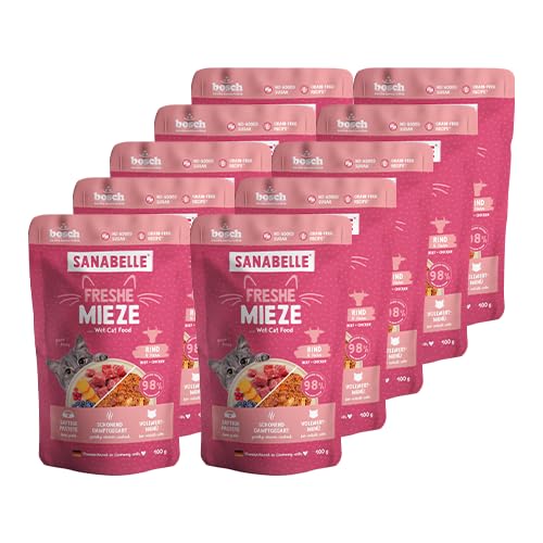 Sanabelle Freshe Mieze - Rind und Huhn 10 x 100 g Beutel voll recyclingfähig Dampfgegartes Nassfutter für Katzen Katzenfutter wie frisch gekocht Eine Marke von Bosch Tiernahrung