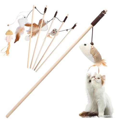 peiyee Katzenangel Katze Katzenspielzeug 6 Stück Katzenangel Stabil Federn Natürlichen Material Katzenangel Katze Stab Katzenunterhaltungsspielzeug mit Maus Küken Kürbis Herz Fisch Pfirsichmaus