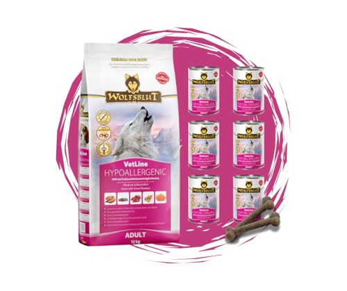 Wolfsblut Vetline Hundefutter - Hypoallergenic 12kg 6x395g - Sparbundel Sparpaket - inklusive Warnicks Tierfutterservice Hundesnack Goodie