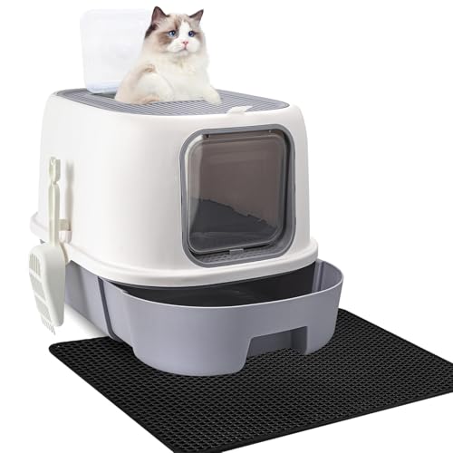 CALIYO Katzenklo mit Deckel Anti-Geruch Katzentoilette Geschlossen hoher Rand Katzenklo Groß XXL mit Schublade Sieb und Fußpolstern geeignet für große Katzen 53 41 40 cm grau und weiß .