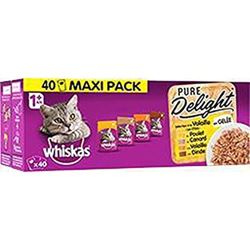 WHISKAS 40 Frische Nassfutter für Huhn Truthahn Ente Geflügel Pure Delight Vollnahrung ausgewogenes Futter mit natürlichen Inhaltsstoffen