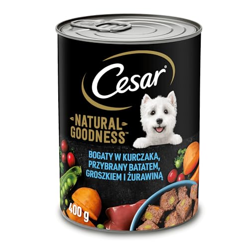 Cesar Natural Goodness Nassfutter für ausgewachsene Hunde reich an Huhn garniert mit Süßkartoffeln Erbsen und Preiselbeeren Dose 24 x 400g