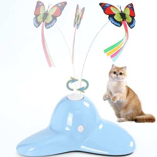 Vealind Interaktives Elektronische Katzenspielzeug mit Schmetterling Batteriebetrieben mit 2 Schmetterling Automatisches Tumbler Spielzeug für Katze Hellblau