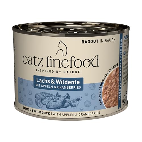 catz finefood Ragout N 605 Lachs Ente Katzenfutter nass - Feinkost Nassfutter für Katzen in Sauce ohne Getreide und Zucker mit hohem Fleischanteil 6 x 190 g Dose