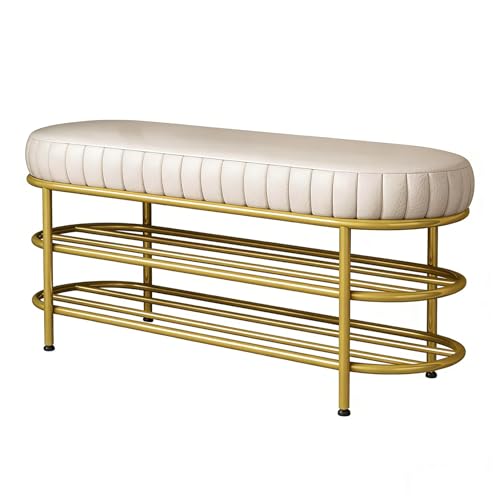 Lsoiup Goldene Schuhbank aus Metall mit Stauraum schmaler Sitzplatz im Flur 3-stufiges Schuhregal for das Wohnzimmer stilvolle Fußstütze und Organizer White L 120CM