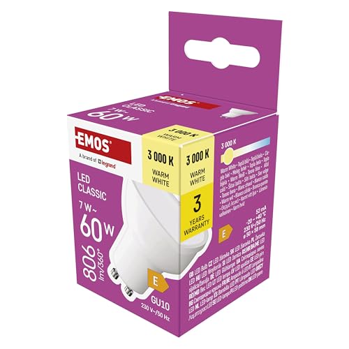 EMOS LED Lampe Spot MR16 mit GU10 Sockel 7W Ersatz für 60W Halogenlampe Helligkeit 806 lm Warmweiß 3000 K 30000 h Lebensdauer CRI min. 80 100 Abstrahlwinkel weiße Farbe