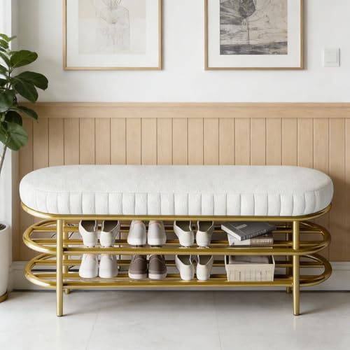 Baodiale Schuhbank mit Stoffkissen 3-stufiges Schuhregal aus Metall for den Eingangsbereich Aufbewahrungsbank for Flur Wohnzimmer Schlafzimmer Schmutzfänger White 120cm