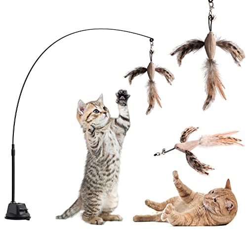 Aohcae Interaktives Katzenspielzeug Angel mit Feder Glocken Zauberstab Intelligenz und Selbstbeschäftigung - mit Saugnapf
