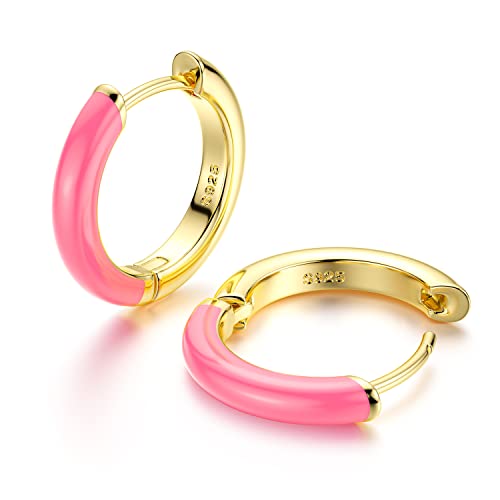 KRFY Emaille Creolen 14K Gold überzogenes Sterling Silber Huggie Creolen Ohrringe Breite Emaille Farboptionen Kleine Mini Knorpel Ohrringe für Damen Mädchen Innendurchmesser 9mm