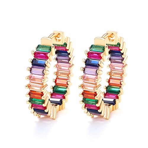 Damen Ohrringe Creolen Regenbogen mit bunten Steinen Zirkonia vergoldet mit 18 Karat Gold - Sterling Silber Gold - Für Frauen Wasserfest