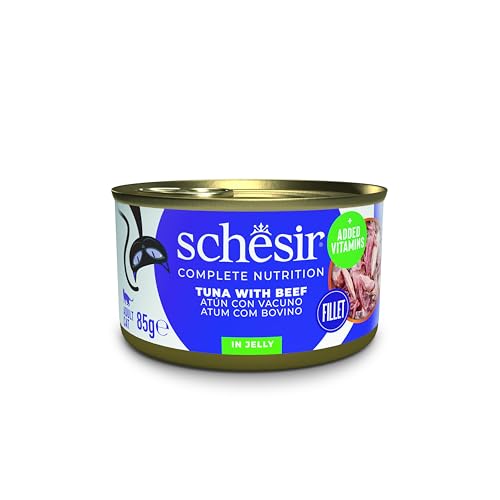 Schesir Thunfisch mit Rindfleisch in Gelee Nassfutter für Katzen in Dosen 100% natürlich mit zusätzlichen Vitaminen 12 x 85 g
