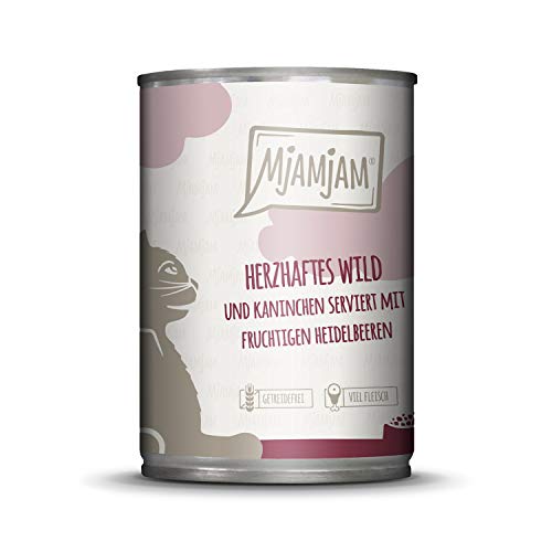 MjAMjAM - Premium Nassfutter für Katzen - herzhaftes Wild Kaninchen an fruchtigen Heidelbeeren 1er Pack 1 x 400 g getreidefrei mit extra viel Fleisch