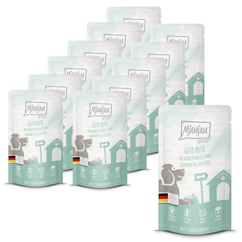 MjAMjAM - Premium Nassfutter für Hunde - Quetschie - Gute Pute an gekochtem Reis mit gedämpfter Zucchini 12er Pack 12 x 125g glutenfrei mit extra viel Fleisch