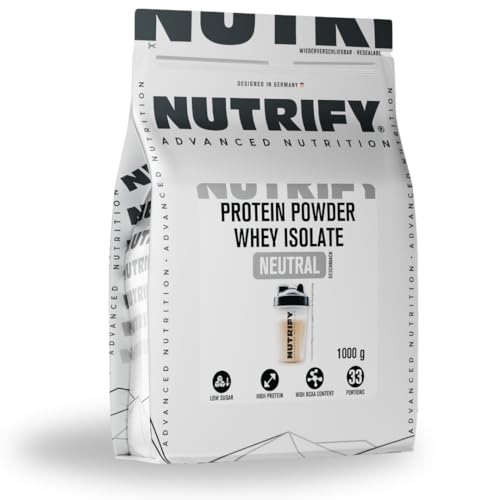 NUTRIFY Whey Protein Pulver Isolat geschmacksneutral 26g Protein Portion ideal für Muskelaufbau Diät Hervorragende Löslichkeit zuckerarm reich an BCAAs cremig Eiweißpulver 33 Portionen 1kg
