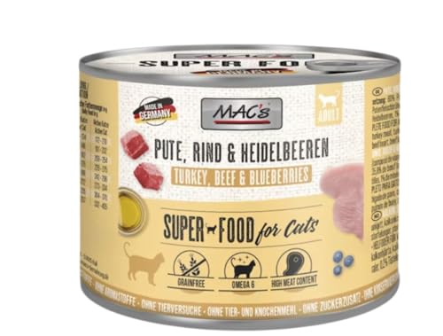 Mac s Katzenfutter Pute Rind Heidelbeere Nassfutter Dosen 6x200g getreidefrei