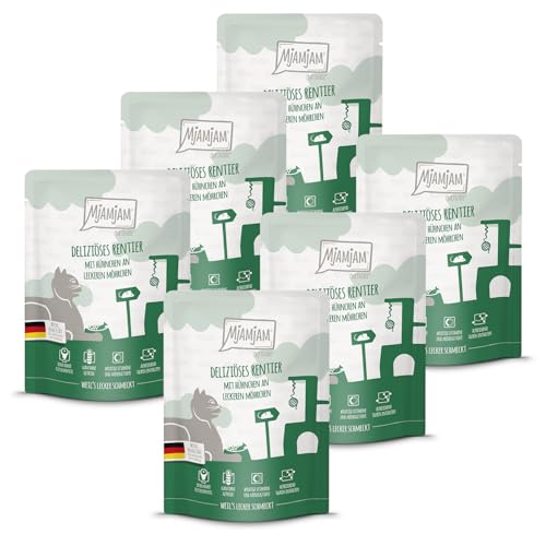 MjAMjAM - Premium Nassfutter für Katzen - Quetschie - deliziöses Rentier mit Hühnchen an leckeren Möhrchen 6er Pack 6 x 300 g getreidefrei mit extra viel Fleisch
