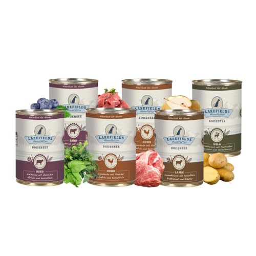 Lakefields - Premium Hundefutter Nass Probierpaket mit 4 Geschmacksrichtungen Huhn Wild Rind Lamm getreidefreies Nassfutter Senior schonend gegart 6 x 400g