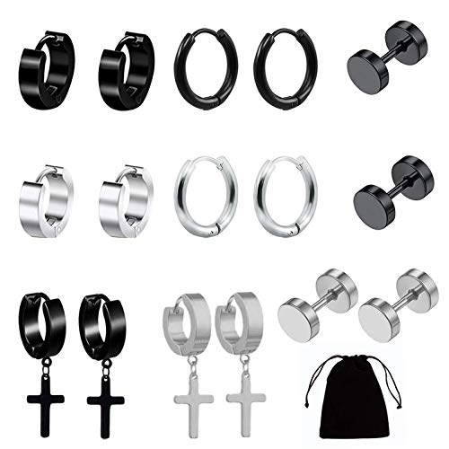 8 Paar Herren-Ohrringe schwarze Ohrstecker Edelstahl baumelnde Kreuz-Ohrringe kleine Huggie-Creolen runde Clip-On-Knorpel-Ohrringe Piercing Schmuck Hip-Hop für Männer Frauen Mädchen Jungen