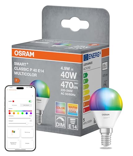 Osram SMART Matter LED-Lampe P40 Miniballform 4.9W E14 RGBW dimmbar steuerbar per App Sprache kompatibel mit Alexa Google Apple WiFi