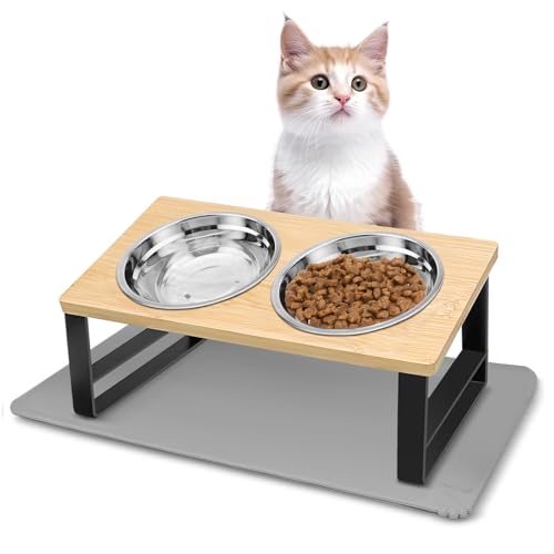 Otauoaea Katzennapf Erhöht - Futternapf Katze Erhöht aus Edelstahl mit Napfunterlage Silikon - 15 Gekippte Ergonomischer Futterstation Katzen Napfset Hundenapf - 350ml Fressnapf und Wassernapf