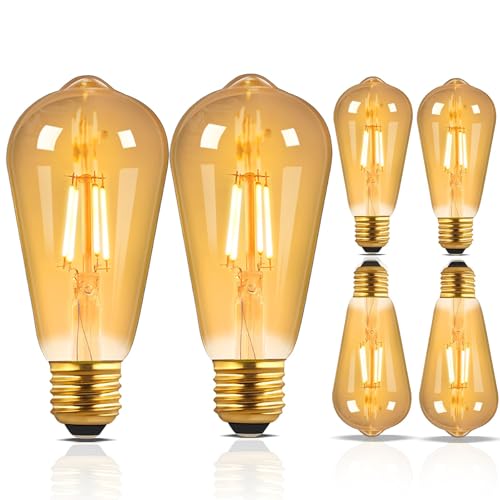 Liuyife 6 Stück Dimmbare ST64 Retro-Edison-LED-Glühbirnen 4Watt Entsprechen 40Watt Warmweißes Amberlicht mit 2200K E27-Gewinde Wolframglühbirnen Geeignet für Schlafzimmer Caf s Kronleuchter