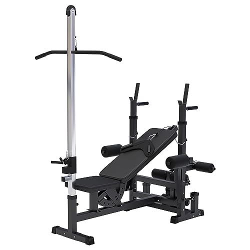 GORILLA SPORTS Kraftstation - Hantelbank mit verstellbare Hantelablage Latzugturm Butterfly Beincurler Schwarz oder Weiss - Trainingsbank Fitnessstation Trainingsstation Schwarz