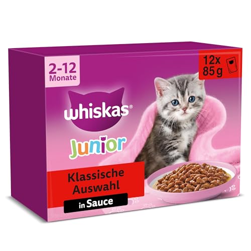  Junior Katzennassfutter Klassische Auswahl Sauce 48 Portionsbeutel 12x85g 4er Pack Hochwertiges Katzenfutter nass für heranwachsende von 2 bis 12 Monaten