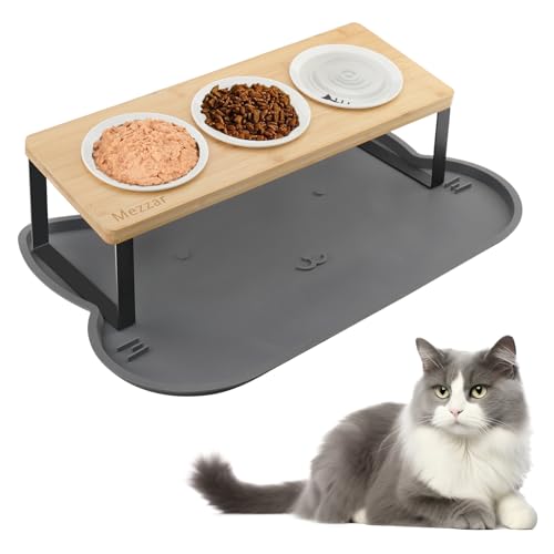 Katzennapföht Mezzar 15 Gekippte Ergonomischer Set Futternäpfe aus Keramik 3er Futterstation mit Fressnapf Napfunterlage Silikon Fressnapf Holz Keramik Wassernapf für