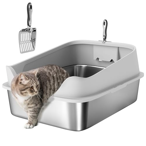 PawHut Katzentoilette Edelstahl Offene Katzenklo ohne Deckel Katzentoilette mit Schaufel hohem Rand XXL Cat Litter Box für große Katzen bis 12 kg 69 8 x 50 3 x 29 8 cm Grau