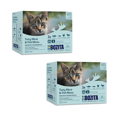 Bozita Katze Häppchen in Gelee Doppelpack 2 x 12 x 85 g Multibox Meat Fish Alleinfuttermittel für Katzen Mit Hering Lachs Hühnchen Rentier Ohne Zuckerzusatz