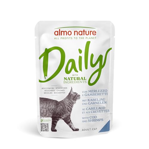 Almo Nature Daily Nassfutter für Erwachsene Katzen mit Kabeljau und Garnelen - Beutel 70 g.