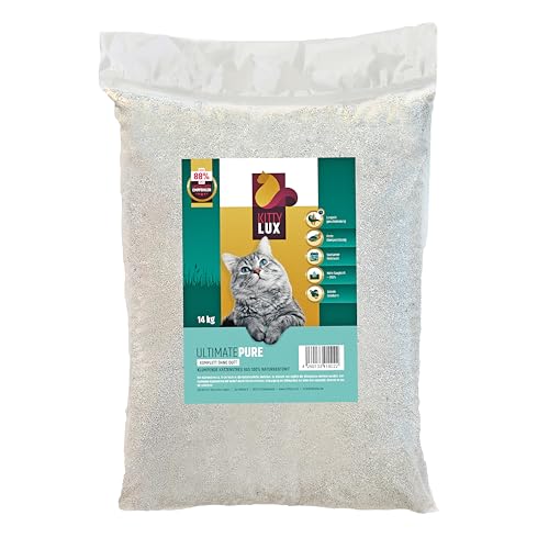 KittyLux klumpende Katzenstreu Ultimate Pure 2x14kg ohne Duft für Sensible Katzen Klumpstreu 100% Naturbentonit extrem staubarm Feste Klumpenbildung schnelle Geruchsbildung geringer Verbrauch