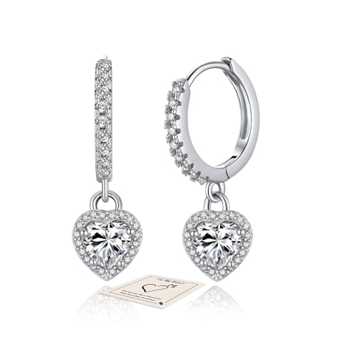 HEEYA Ohrringe Silber 925 Plattiert Herz Hängend Ohrringe Damen Klein Creolen mit Glitzer Zirkonia Hypoallergen Mini Creolen für Frauen