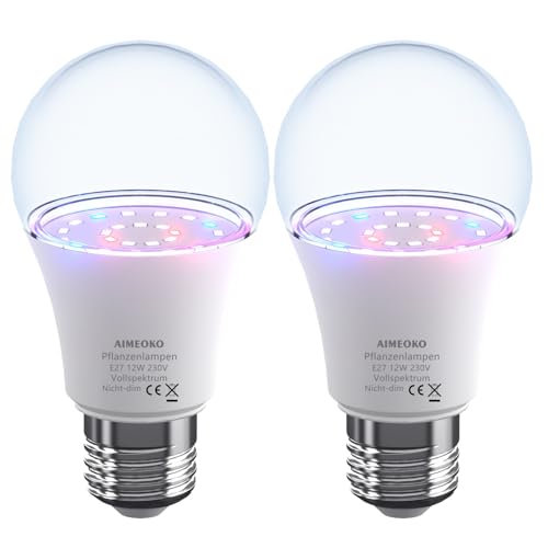 AIMEOKO Pflanzenlampe E27 LED wachsen Glühbirnen 12W äquivalent 150W-G60 Vollspektrum wachsen Lampe - E27 Base wachsen Licht für Indoor-Pflanzen Gartenarbeit Blumen Gewächshaus- 2 Stück