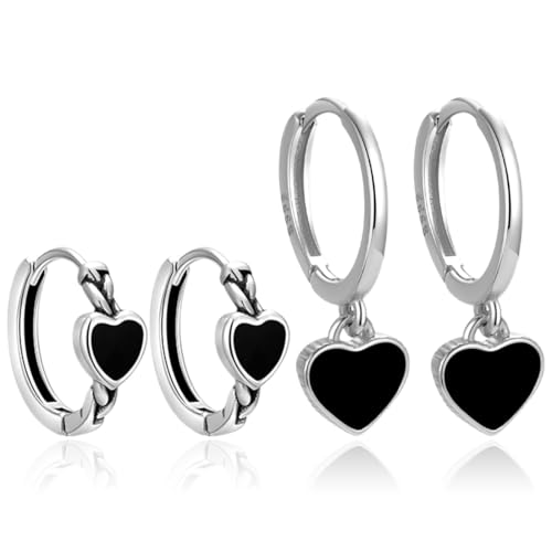 Silber Creolen Ohrringe Set 2 Paar für Damen Creolen Silber 925 Klein mit Zirkonia Ohrringe Herz Hängend Hypoallergen Mini Creolen Gold für Frauen Hypoallergen Creolen Ohrringe für Damen