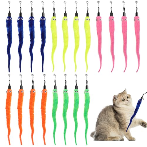 TMZELOA Katzenspielzeug Angel 20 Stück Set Buntes Katzenspielzeug Wurm mit Glocke Ersatz Anhänger Interaktives Plüsch Zauberwurm Katzenangel Spielzeug für Kätzchen Training und Bewegung
