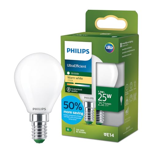Philips LED UltraEfficient Frosted P45 Glühbirne E14 kleiner Edison-Schraubverschluss Energieklasse A 252 lm entspricht 25 W warmweiß 2700 K EyeComfort 50.000 Stunden 1 Packung