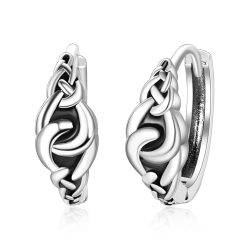 TANGPOET Schwarz Ohrringe 925 Sterling Silber Weißgold Keltischer Knoten Creolen Kleine Hypoallergene Klappcreolen Schmuck Geschenke für Damen Frauen Mädchen