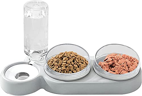 HirrWill Automatischer Wasserspender mit Flasche und doppelter Futternapf-Futterstation mit erhöhter geneigter Schüssel Dreifach-Trocken- und Nassfutterschale für Welpen und Kätzchen Grau