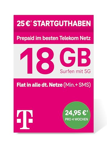 Telekom MagentaMobil Prepaid XL SIM-Karte ohne Vertragsbindung 5G inkl. I 18 GB Allnet Flat Min SMS in alle dt. Netze EU-Roaming I Surfen mit 5G LTE Max Hotspot Flat I 25 EUR Startguthaben
